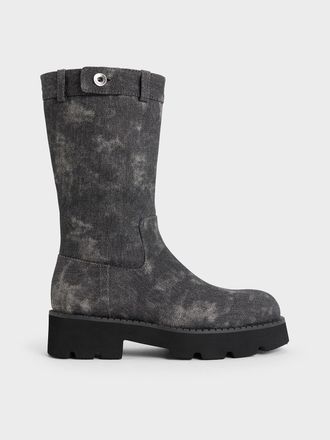 Charles & Keith Denim Side-Zip Lug-Sole Calf Boots
