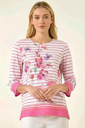 Roman Stripe Floral Print Stretch Top
