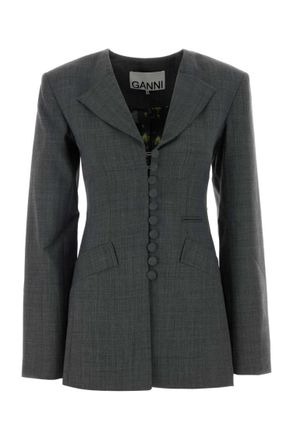 Ganni Grey Solid Notched Lapel Blazer