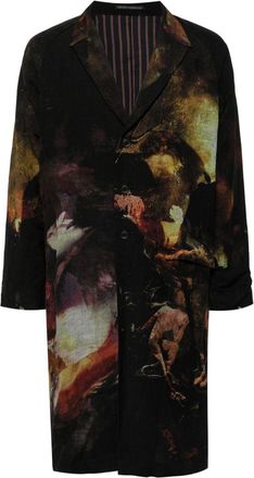 Yohji Yamamoto abstract-print single-breasted coat - men - Rayon/Linen/Flax/Cupro - 4 - Black