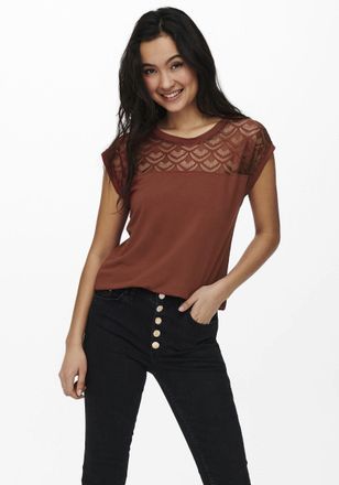 Only Spitzenshirt ONLY ONLNICOLE LIFE S/S MIX TOP NOOS JRS, Damen, Gr. XL (42), braun (henna), Jersey, Obermaterial: 100% Viskose, unifarben, figurbetont n