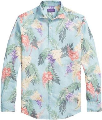 Ralph Lauren Purple Label Palma Floral Linen Button-Up Shirt in Blue Multi at Nordstrom, Size Xx-Large
