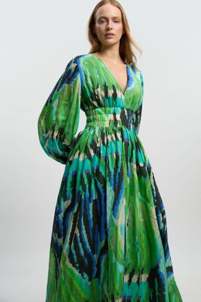 Karen Millen Womens Animal Silk Cotton Plunge Maxi Dress - Multicolour - Size 16 UK