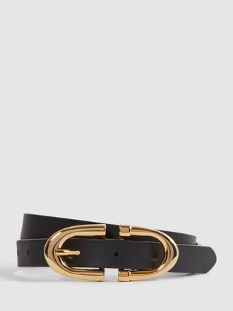 Reiss Bailey Womens Black Leather Horseshoe Buckle Belt, Size: S, Black & gold