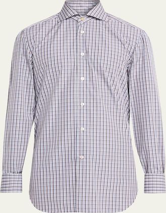 Kiton Mens Cotton Mini-Check Classic Fit Sport Shirt
