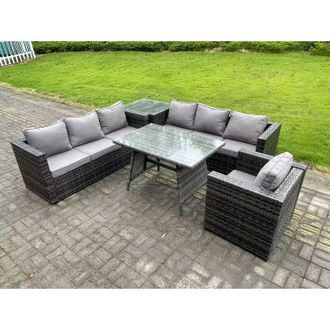 Fimous Fimous 7 Seater Wicker PE Rattan Garden Dining Set Outdoor Furniture Sofa with Patio Dining Table Side Table Armchair Dark Grey Mixed