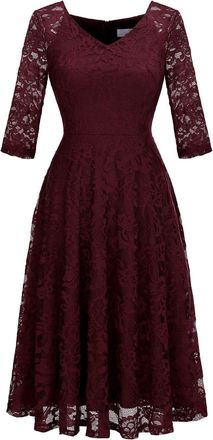 Dressystar Modest V Neck Lace Flower Dress - Long Summer Cocktail Dress for Ladies - Burgundy/Red 3XL