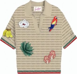 MC2 Saint Barth Beige Open-Knit Short-Sleeve Top with Playful Embroidery