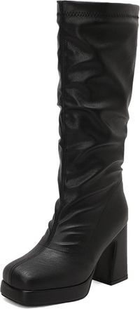 Generic Womens Slouchy Knee-High Boots Round Toe Chunky Block Heels Platform Sole Comfortable Non-Slip Wear-Resistant for Date Nightclub Casual Gathering,Blac