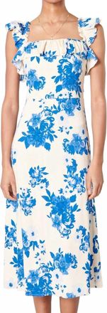 Sugarlips Azure Kona Floral Ruffle Trim Milo Midi Dress In White/ Blue
