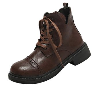 Generic Womens Combat Boots, PU Leather Lace-Up Round Toe Ankle Boots, Brown and Black, Chunky Heel Platform for Casual, Party, Work, Wedding