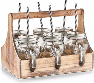ZELLER PRESENT Glas je 6 Gläser, Deckel und Strohhalme, in praktischer Holzkiste