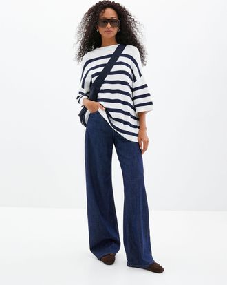 Fransa Womens 3/4-sleeve striped loose sweater