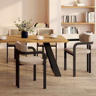 IDMarket Lote De 4 Sillas Y Sillones De Comedor Esma De Metal Negro Y Terciopelo Topo Con Reposabrazos