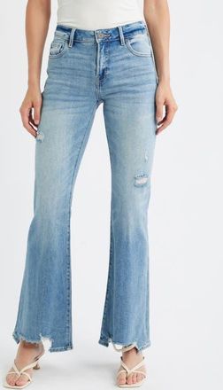 Hidden Jeans Ripped Mid Rise Step Hem Flare Jeans in Medium Wash at Nordstrom, Size 27