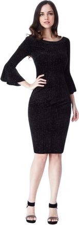 Goddiva Glitter Velvet Bell Sleeve Midi Dress 12 Black