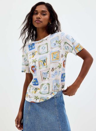 Contemporaine Womens Patterned pure linen slub T-shirt