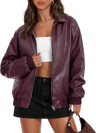 Merokeety Womens Oversized Faux Leather Jacket Fall Winter Zip Up Motorcycle Coats Fashion Outfits Clothes 2025, Burgundy, Medium