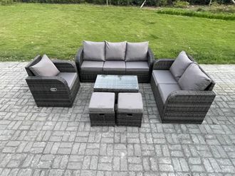 Fimous Outdoor Garden Furniture Sets 6 Pieces Wicker Rattan Furniture Sofa Sets with Rectangular Coffee Table Loveseat Sofa 2 Small Footstools