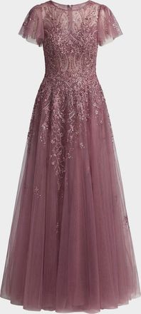 Mac Duggal Embroidered Tulle Flutter Sleeve Ballgown