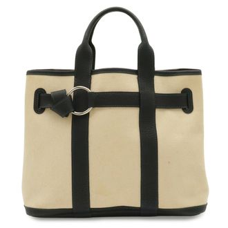 Herm&egrave;s Natural Navy Canvas Leather Handbag Tote Bag (Pre-Owned)