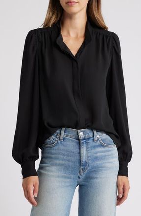 CeCe by Cynthia Steffe Open Collar Long Sleeve Georgette Button-Up Shirt in Rich Black at Nordstrom, Size X-Small