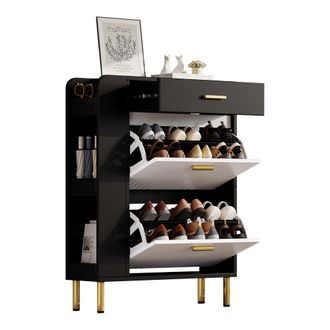 STILVORA Zapatero Estrecho Con 2 Puertas Abatibles, 1 Cajon Y 3 Huecos Abiertos Para Recibidor En Mdf, 80 X 24 X 105 Cm