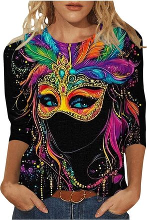 Generic 2026 Mardi Gras Tops for Women UK Casual 3/4 Sleeve Carnival Mask Graphic Shirts Dressy Comfy Crew Neck Loose Fit Blouse Ladies Elegant Lightweight Go