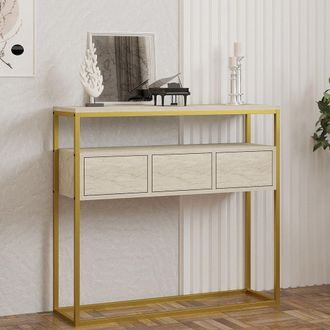 Dmora Credenza Gemonio, Aparador 4 Compartimentos, 3 Puertas, Apertura Abatible, 90x34x70h Cm M&aacute;rmol Beige