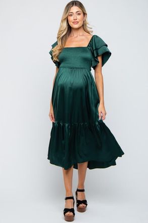 Pinkblush Satin Flutter Sleeve Midi Dress in Forest Green at Nordstrom, Size Medium