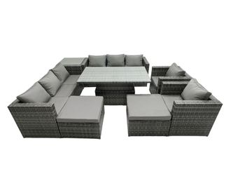 Fimous Rattan Dining Table Sofa Set with Side Table 2 Stools Outdoor 10 Seat in Dark Grey