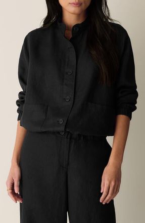 Eileen Fisher Stand Collar Organic Linen Jacket in Black at Nordstrom, Size Xx-Small
