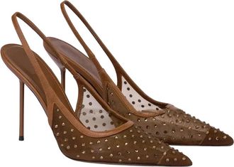 Generic Women Mesh High Heel Sandals Pointed Toe Rhinestone Back Strap Holiday Party Dress Shoes Brown