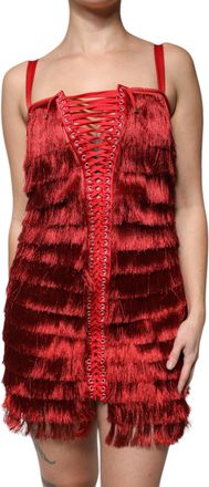 Dolce & Gabbana Womens Red Lace Tassel Sleeveless Sheath Mini Dress Nylon Silk