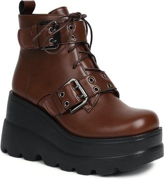 Generic Womens Wedge Platform Round Toe Goth Combat Boots Side Zipper Buckle Strap Lace Up Fashion Punk Motorcycle Shoes (Brown,5.5)