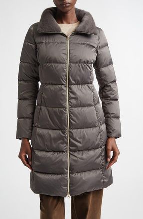 Herno Faux Fur Trim Satin Down Coat in Antracite at Nordstrom, Size 12 Us