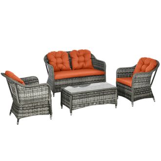 OUTSUNNY 4 Pieces Rattan Sofa Set Outdoor Conservatory Furniture With Cushions - Orange | TJ Hughes
