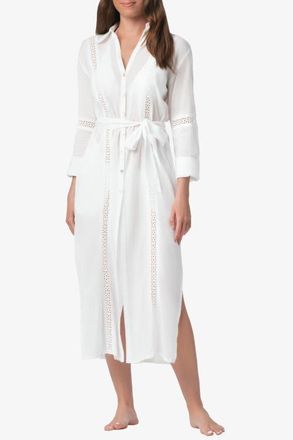 Helen Jon Eyelet Trim Long Shirt Dress in White at Nordstrom, Size X-Small