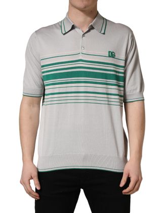 Dolce & Gabbana Gray Green Striped Logo Silk Polo Mens T-shirt