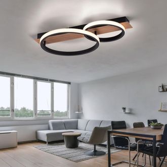 Leuchten Direkt Plafoniera In Legno Metallo Nero Luce Led In Legno, Design Ad Anello, Aspetto Legno Moderno, 1x Led 28w 1200lm 3000k, Lxpxa 53x30x8 Cm