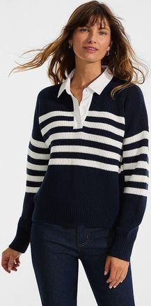Lands End Drifter Rugby with Woven Collar Sweater in Navy/ivory Placed Stripe at Nordstrom, Size Xx-Small