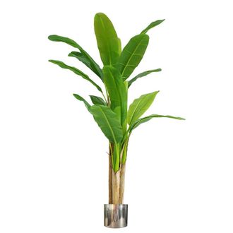 Leaf Artificial Banana Tree Tropical Plant HUGE 6ft Silver Metal Planter in Green