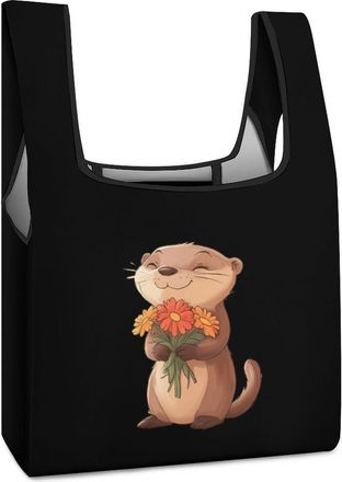 Generic Cute Otter Holding Flower Reusable Shopping Bags Lightweight Foldable Grocery Bag Polyester Washable Tote Bag