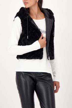 Monari Fellimitatweste MONARI, Damen, Gr. 46, schwarz, Pl&uuml;sch, Obermaterial: 100% Polyester. Futter: 100% Polyester, unifarben, regular fit taillenlang, Rund