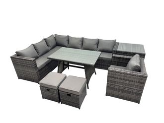 Fimous 9-seater Outdoor PE Rattan Sofa Set with with Chair 2 Small Stools in Dark Grey