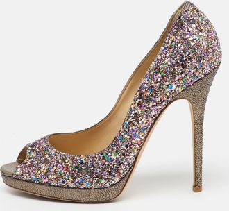 Jimmy Choo London Metallic Multicolor Coarse Glitter Crown Peep Toe Platform Pumps