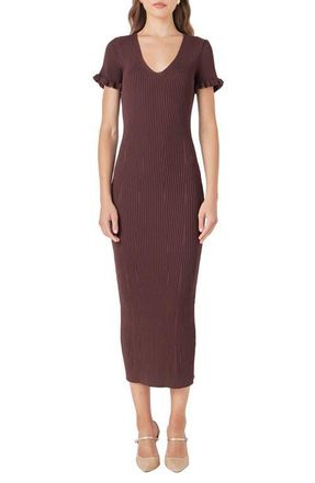 endless rose Ruffle Cuff Knit Midi Dress in Chocolate Brown at Nordstrom, Size X-Small