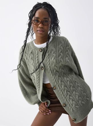 Twik Womens Puff-sleeve cable-knit Cardigan Sweater