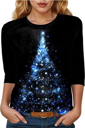 Generic Womens Christmas T Shirts 3/4 Short Sleeve Tops UK Christmas Tree Pullover Ladies Crewneck Christmas Sweatshirts Funny Graphic Tee Shirt Casual Xmas B