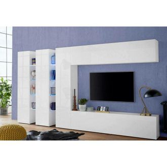 Dmora Dmora - Pared Equipada Dattard, Conjunto De Sal&oacute;n Mueble Tv Con 5 Puertas, Mueble De Sal&oacute;n Polivalente, 100% Made In Italy, Cm 340x30h180, Blanco Bril